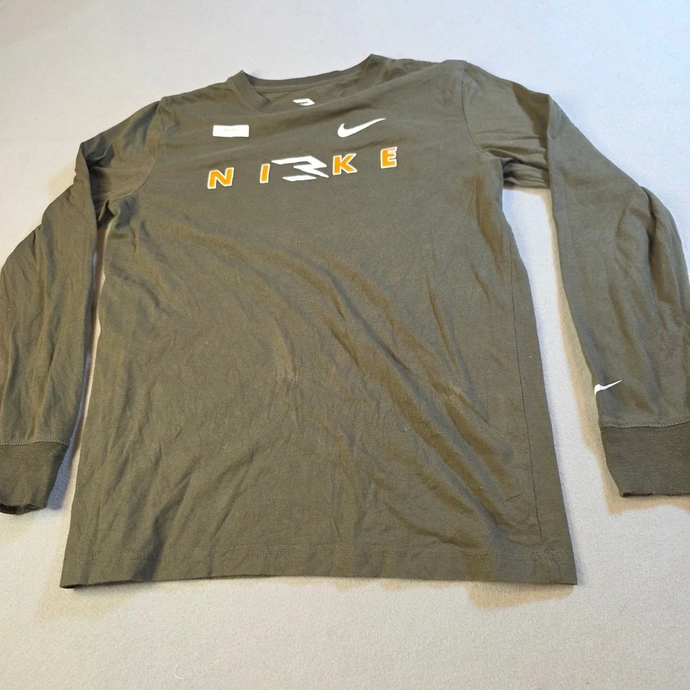 Nike 3 Brand Boys XL Long Sleeve Graphic T-Shirt Olive Green Orange Swoosh Tee